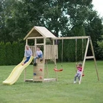 Wendi Toys - Holz Spielturm Pinguin Inkl. Rutsche, Kletterwand, 2 Schaukeln &