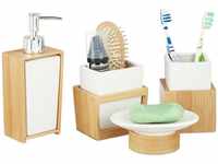 Badezimmer Set, 4-teiliges Badzubehör aus Keramik und Bambus, Seifenspender und