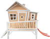 Spielhaus Emma mit roter Rutsche Stelzenhaus in Braun & Weiß aus fsc Holz für
