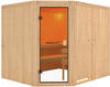 Karibu - Woodfeeling Sauna Horna mit Eckeinstieg Innensauna 3 Sitzbänke aus Holz ,