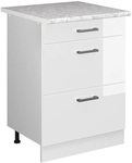 Vicco - K&uuml;chenunterschrank R-line, Wei&szlig; Hochglanz, 60 Cm Mit Schubladen, Ap Marmor
