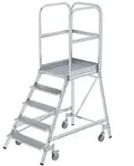 Podestleiter 5 Stufen, einseitig begehbar, Aluminium/Aluminium-Gitterrost