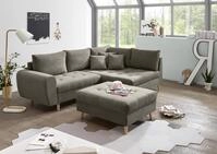 ALICE Ecksofa mit Hocker, Stoffbezug Schlamm - Moderne Eckcouch mit Kissen &