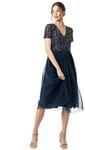 Maya Deluxe Damen Midi-Kleid mit V-Ausschnitt, Verziert Brautjungfernkleid, Navy, 36