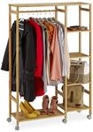 Relaxdays Rollgarderobe Bambus, mobiler Kleiderst&auml;nder, 6 Ablagen, offen,