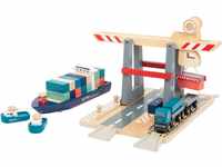 small foot Containerterminal aus Holz, mit beweglicher Containerbrücke, Schiff...