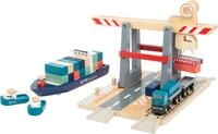 small foot Containerterminal aus Holz, mit beweglicher Containerbr&uuml;cke, Schiff...