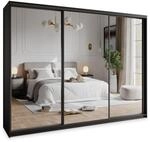 SCHWEBET&Uuml;RENSCHRANK RIEN 250/205/60 cm 3-t&uuml;rig mit Spiegel und Schubladen Schwarz