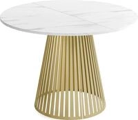ESSTISCH Naro rund ausziehbar mit Goldenem Lamellen-Metallgestell, Marmor Wei&szlig;