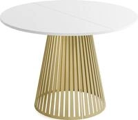ESSTISCH Naro rund ausziehbar mit Goldenem Lamellen-Metallgestell, Wei&szlig;
