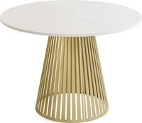 ESSTISCH Naro rund ausziehbar mit Goldenem Lamellen-Metallgestell, Beige Kaschmir