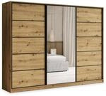 SCHWEBET&Uuml;RENSCHRANK PINA 270/205/58 cm 3-t&uuml;rig mit Spiegel und 4 Schubladen Eiche