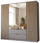KLEIDERSCHRANK NELA, viert&uuml;rig mit Lamellen und Spiegel, 206 cm. Grau/Artisan