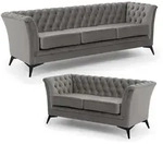 SITZGARNITUR 3+2 Chesterfield Whitby Grau Samt mit schwarzen F&uuml;&szlig;en