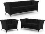 SITZGARNITUR 3+2+1 Chesterfield Whitby Schwarz Samt mit schwarzen F&uuml;&szlig;en