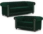 SITZGARNITUR 3+2 Chesterfield Cleo Blink Flasche Gr&uuml;n Samt mit Kristallsteppung und