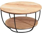 COUCHTISCH rund aus Akazie Massivholz und Metall, mit Ablage, Industrial-Stil, Braun