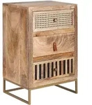 NACHTTISCH &ndash; Mango Massivholz/Metall, 40x60x30 cm, 3 Schubladen, Wiener Geflecht