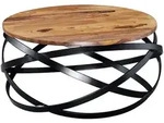 COUCHTISCH rund aus Massivholz und Metall in Braun, 60x30x60 cm, Industrial Design