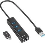 Sharkoon 3-Port USB 3.2 GEN 1 Aluminium Hub, RJ45 Ethernet Adapter, Schwarz