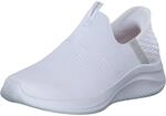 Skechers Damen Ultra Flex 3.0 Cozy Streak Sneaker, Wei&szlig;er Strick, hellgrauer Rand,