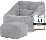 Icon Natalia Sitzsack Sessel mit Hocker f&uuml;r Erwachsene, Grau, Flauschiger Cord