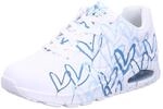 Skechers Damen UNO Spread the Love Trainer, White Duraleather / Blue Heart Print