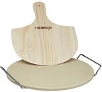 Relaxdays Pizzastein Set 1 cm St&auml;rke mit Metallhalter und Pizzaschieber aus Holz HBT