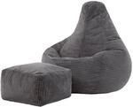 Icon Dalton Sitzsack mit Hocker Cord, Dunkelgrau, Gaming Sitzsack Erwachsene mit