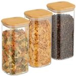 Relaxdays Vorratsgl&auml;ser mit Bambusdeckel, 3er Set, eckige Vorratsdosen aus Glas,