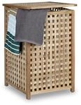 Relaxdays W&auml;schesammler mit Deckel, 75 L Stoff-W&auml;schesack, Walnussholz, HBT:
