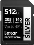 Lexar Silver SD Karte 512GB, UHS-I SDXC Card 205 MB/s Read Speed, 140 MB/s Write