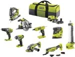 Ryobi 9-teiliges Werkzeugset 18 V One+: Bohrmaschine, Schlagschrauber, Schleifer,