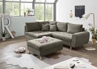 ALICE Ecksofa mit Hocker, Stoffbezug Schlamm - Moderne Eckcouch mit Kissen &