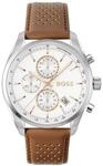 BOSS Chronograph Quarz Uhr Braunes Kollektion Grand Prix 44 mit Braunes Lederarmband