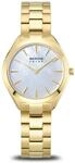 BERING Damen Solar-Quarz Uhr | Armbanduhr 31 mm goldenes Edelstahlgeh&auml;use und blaues