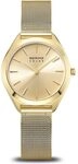 Bering Damen Solar-Quarz Uhr | Armbanduhr 35 mm goldenes Edelstahlgeh&auml;use und