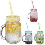 Relaxdays Trinkgl&auml;ser mit Deckel und Strohhalm, 4er Set Limonadengl&auml;ser, 500...
