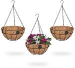 Relaxdays Blumenampel 3er Set, Metallkorb & Kokoseinlage, H x D: 48 x 31 cm,