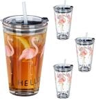 Relaxdays Glasbecher mit Deckel & Strohhalm, 4er Set Flamingo Gl&auml;ser, 450 ml,