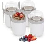 Relaxdays M&uuml;slibecher to go, 4er Set, 3 F&auml;cher, L&ouml;ffel, auslaufsicher, wei&szlig;
