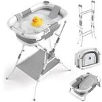 Relaxdays Babybadewanne faltbar, mit Gestell & Kissen, Babywanne, wei&szlig;/grau | bis 40