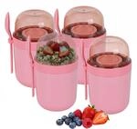 Relaxdays M&uuml;slibecher to go, 4er Set, 3 F&auml;cher, L&ouml;ffel, auslaufsicher, pink...