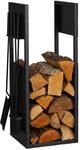 Relaxdays Kaminholzregal mit Besteck, Metall, HBT: 76,5x36x30 cm, Brennholzregal