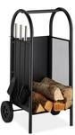 Relaxdays Kaminholzwagen mit Besteck, Brennholzkarre Stahl, Kaminbesteck...