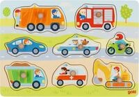 goki 57400 - Steckpuzzle Fahrzeuge aus Holz, Feuerwehr, Auto, Motorrad, Polizei,