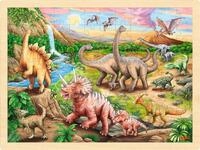 goki 57348 - Einlegepuzzle Dinosaurierwanderung - 96 Teile aus Holz - buntes