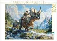 CALVENDO Puzzle Bergwanderung - Menschen mit Dinosaurier Triceratops | 1000...
