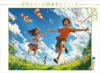 Puzzle &middot; Fr&ouml;hliche Anime-Kinderszene &ndash; Drachensteigen im sonnigen Fr&uuml;hling 