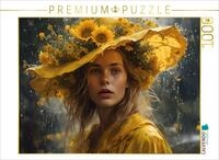 Puzzle &middot; Frau mit Sonnenblumen am Hut | Mit Sonnenblumenhut im Regen &middot; 1000...